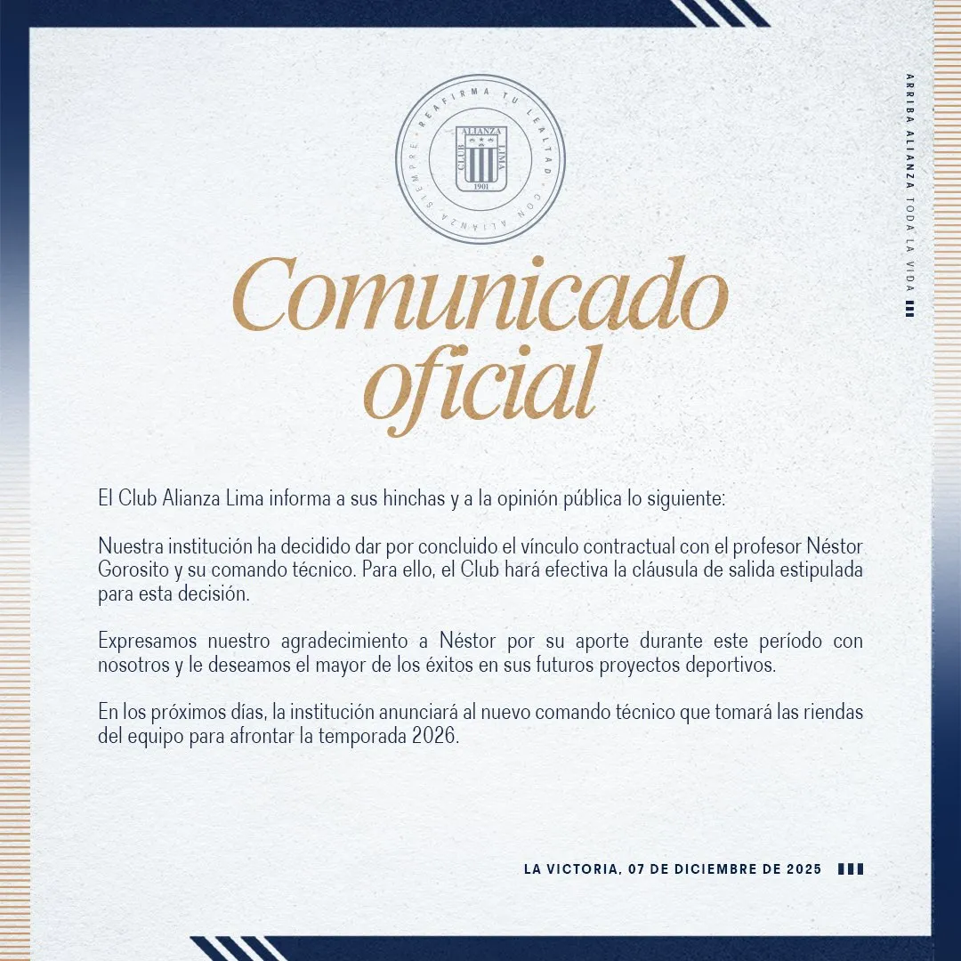 Alianza Lima notifica la salida de Néstor Gorosito. (Foto: X).