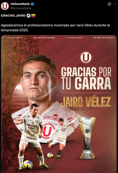 Así confirmó la ‘U’ la salida de Vélez (X @Universitario).