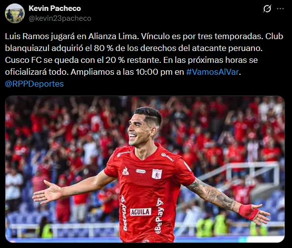 Luis Ramos está a una firma de jugar en Alianza Lima (X @kevin23pacheco).