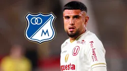 Rodrigo Ureña jugando para Universitario con el escudo de Millonarios.