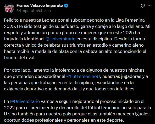 Comunicado de Franco Velazco (Foto: X).