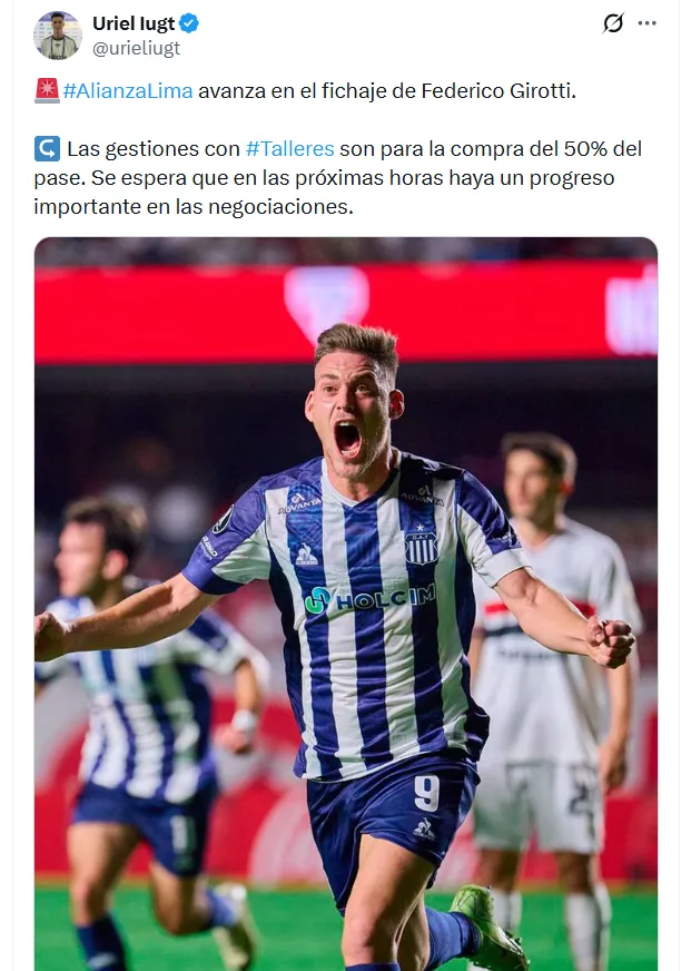 La condición de Talleres para que Girotti juegue en Alianza. (Foto: X)