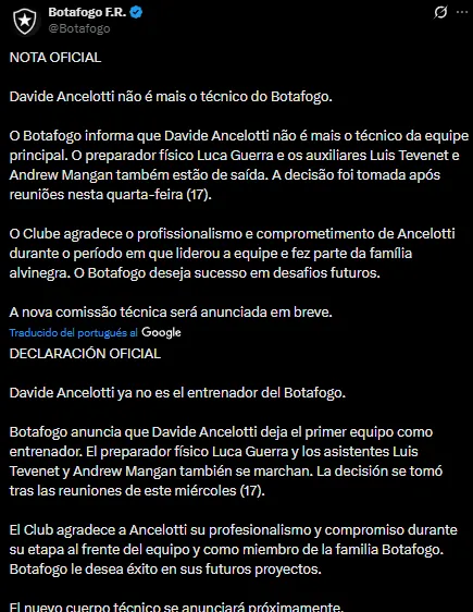 Botafogo anunció la salida de Davide Ancelotti (X @Botafogo).