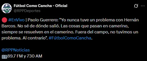Paolo Guerrero, sobre Hernán Barcos (X @RPPDeportes).