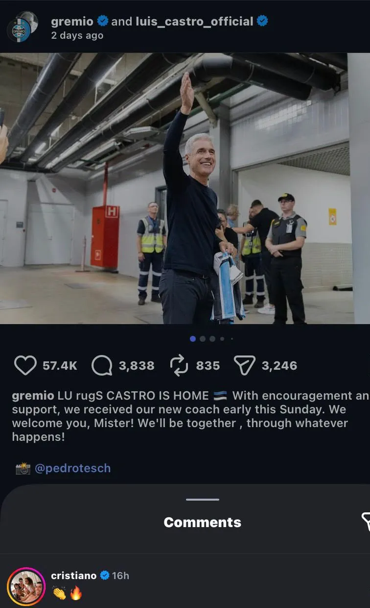 Cristiano Ronaldo comentó publicación de Gremio sobre Luís Castro (Instagram).