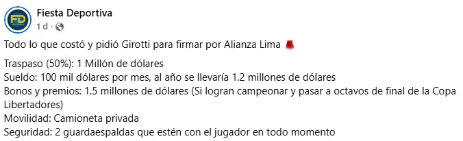 Supuesto sueldo de Federico Girotti en Alianza Lima (Foto: Facebook).
