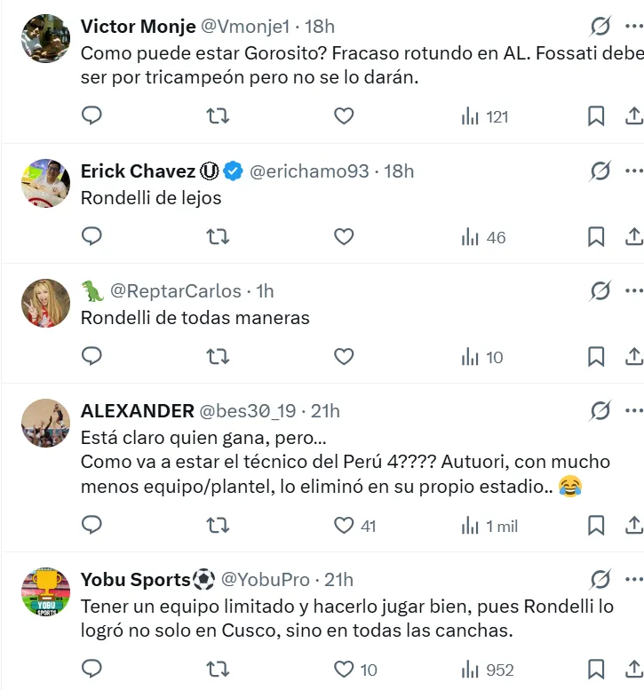 Reacciones de los hinchas por candidatura del ‘Pipo’ al DT del año en Perú. (Foto: X)