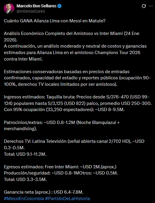 Ganancia de Alianza Lima por jugar con el Inter Miami (Foto: X Marcelo Bee).