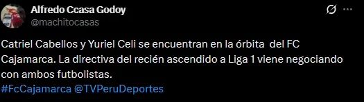 FC Cajamarca va por Cabellos y Celi (Foto: X).
