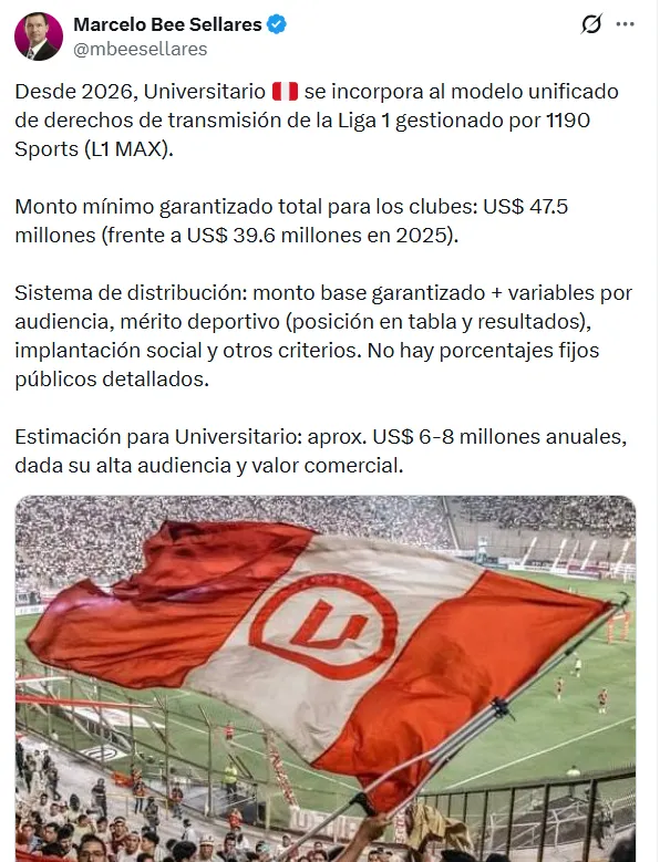 Universitario se llevará entre 6 a 8 millones por derechos de televisión en el 2026. (Foto: Marcelo Bee Sellares)