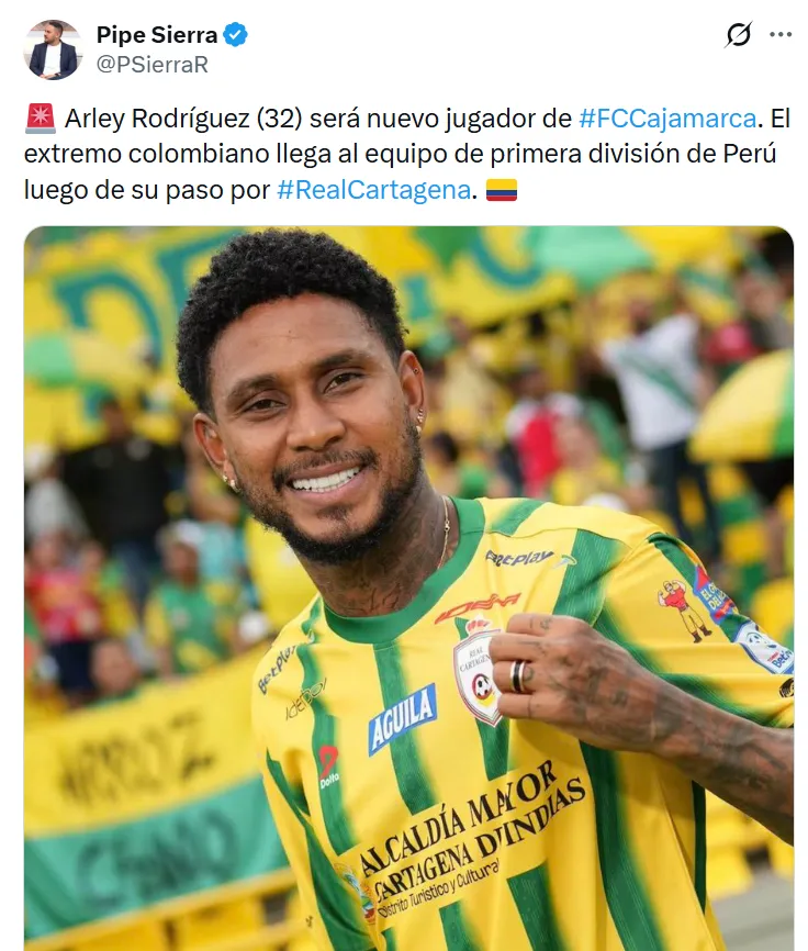 Arley Rodríguez será nuevo jugador de FC Cajamarca. (Foto: X)