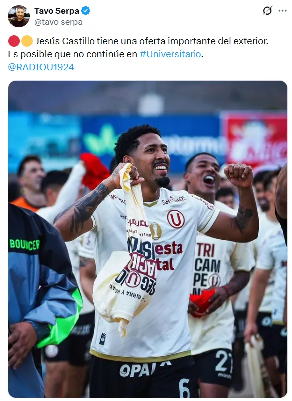 Castillo está a punto de dejar Universitario. (Foto: X)