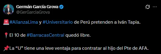 Alianza Lima y Universitario van por Iván Tapia (Foto: X).