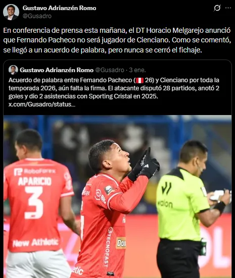 Melgarejo descartó a Pacheco para Cienciano (X @Gusadro).