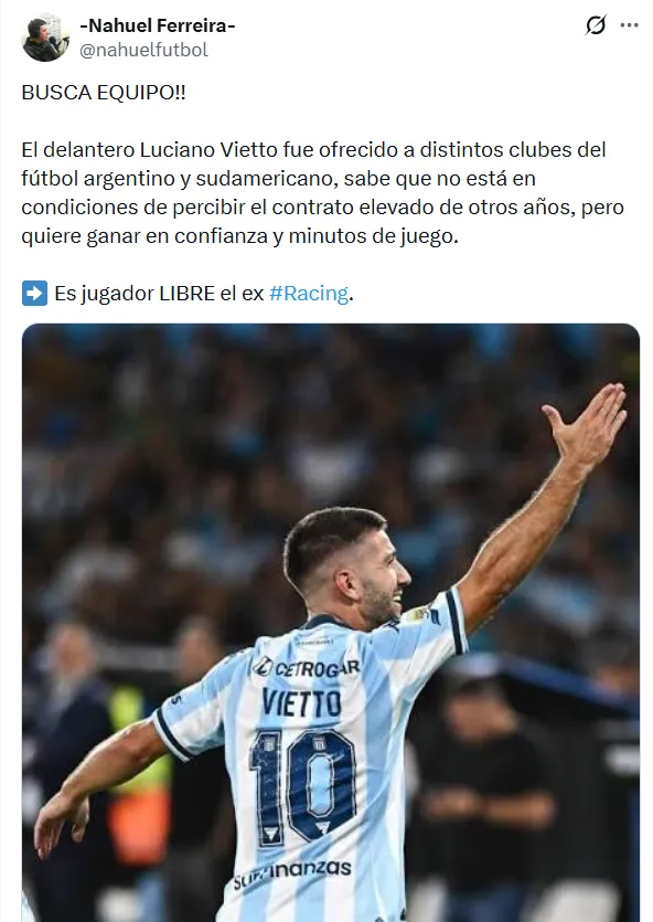 Luciano Vietto busca club. (Foto: X)
