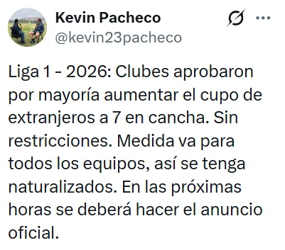 Periodista Kevin Pacheco confirmó cambios en la Liga 1 temporada 2026. (Foto: X)