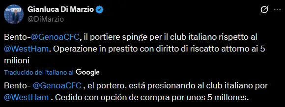 Bento presiona para ir a Genoa (X @DiMarzio).