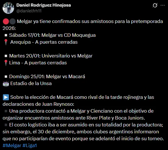 Los amistosos de Melgar antes del inicio de la Liga 1 (X @danielfrh11).