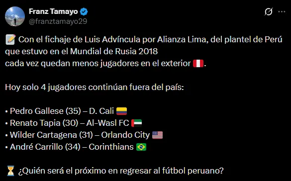 Cada vez menos jugadores peruanos en el exterior con respecto al plantel de Rusia 2018 (X @franztamayo29).