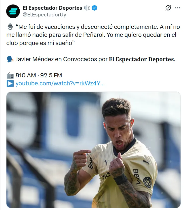 Javier Méndez confirmó que seguirá en Peñarol y descartó Alianza Lima. (Foto: X)