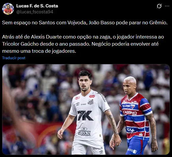 Gremio y Santos pueden pensar en un trueque que incluya a João Basso (X @lucas_fscosta94).
