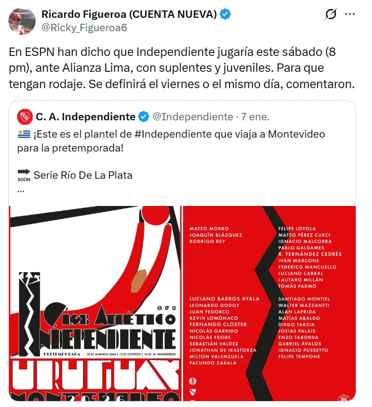 Independiente jugará ante Alianza Lima con suplentes. (Foto: X)