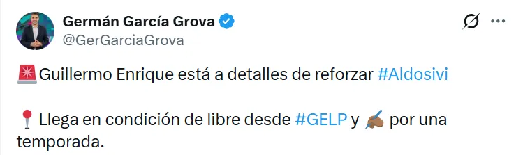 Guillermo Enrique a nada de fichar por Aldosivi. (Foto: X)