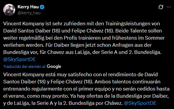 Felipe Chávez seguirá en Bayern Múnich, pese a ofertas desde Italia, España y Alemania (X @kerry_hau).