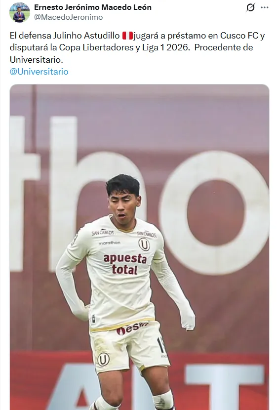 Julinho Astudillo se va a préstamo de Universitario a Cusco. (Foto: X)