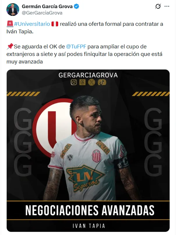 Universitario va por el argentino Iván Tapia. (Foto: X)