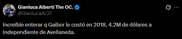 Sorpresa por el monto que pagó Independiente por Gaibor (X @GianlucaAL27).