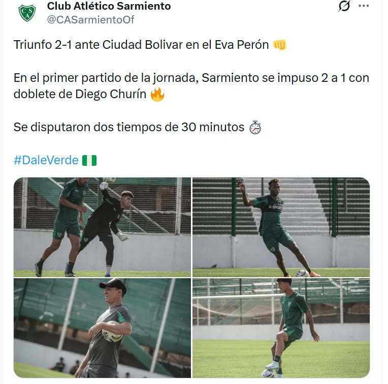 Diego Churín marcó doblete con Sarmiento. (Foto: X)