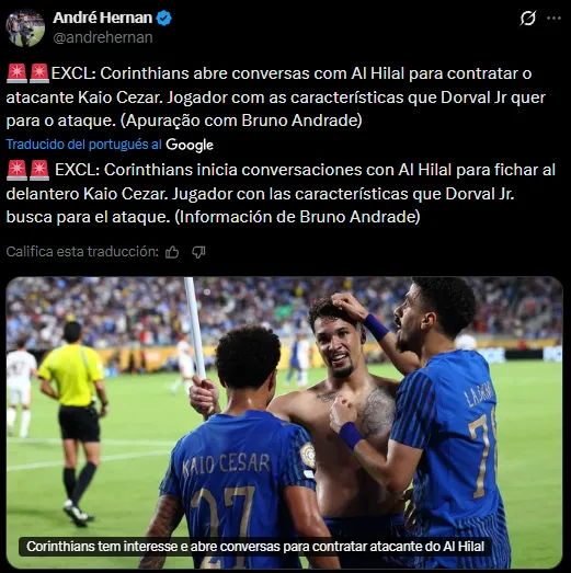 Kaio César, el refuerzo al que le apunta Corinthians (X @andrehernan).