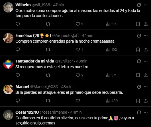 Hinchas felices con la llegada de Miguel Silveira (Foto: X).