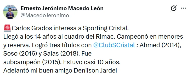 Cristal va por un arquero tras lesión de Renato Solís. (Foto: X)