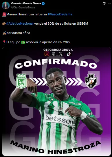 Vasco da Gama se llevó a Marino Hinestroza (X @GerGarciaGrova).