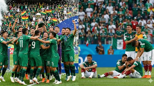 Selección de Bolivia celebrando y Selección de México lamentándose.
