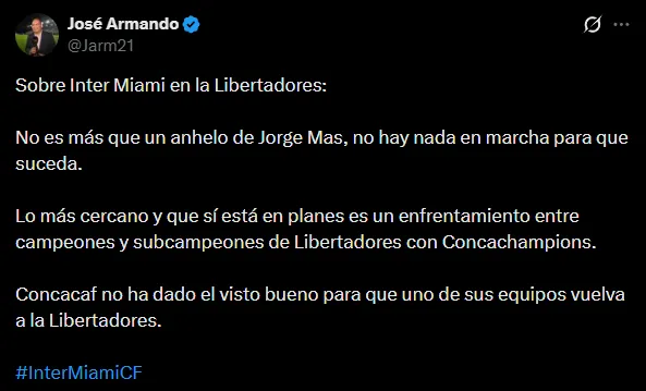 Inter Miami tiene muy difícil su participación en Copa Libertadores (X @Jarm21).
