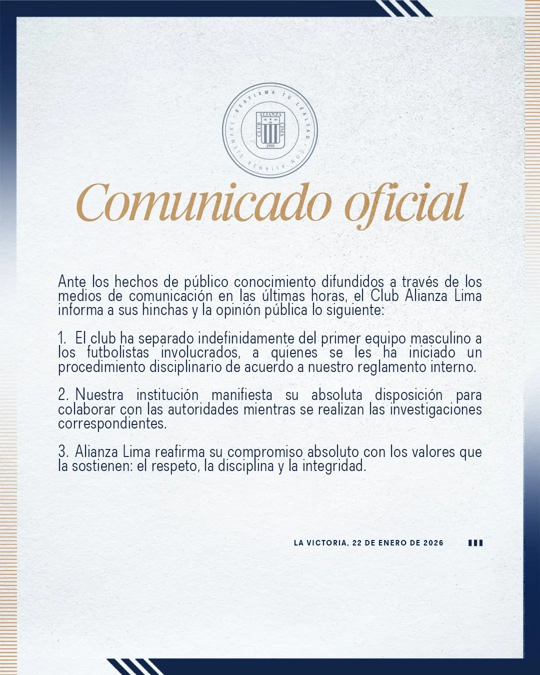 Comunicado oficial de Alianza Lima sobre la denuncia contra Zambrano, Trauco y Peña.