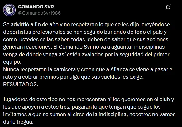 El comunicado de la barra Comando Svr ante los hechos ya conocidos (X @ComandoSvr1986).
