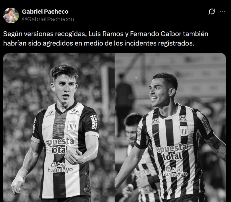 Luis Ramos y Fernando Gaibor habrían sido agredidos por hinchas de Alianza Lima. (Foto: X).