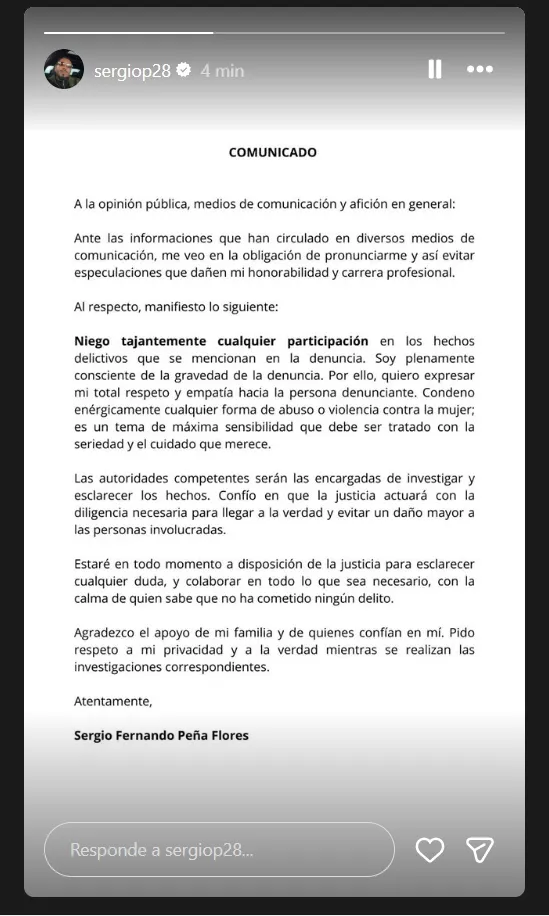 Peña habló tras denuncia sexual. (Foto: Instagram Sergio Peña)