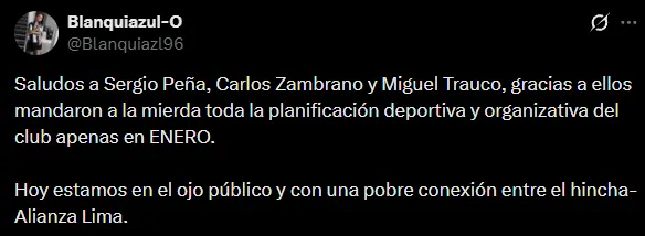 Culpan a Zambrano, Peña y Trauco en la Noche Blanquiazul (X @Blanquiazl96).