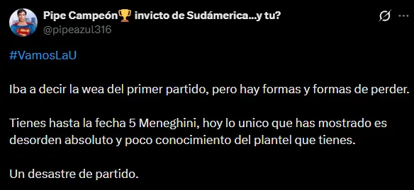 Críticas a Meneghini (X @pipeazul316).