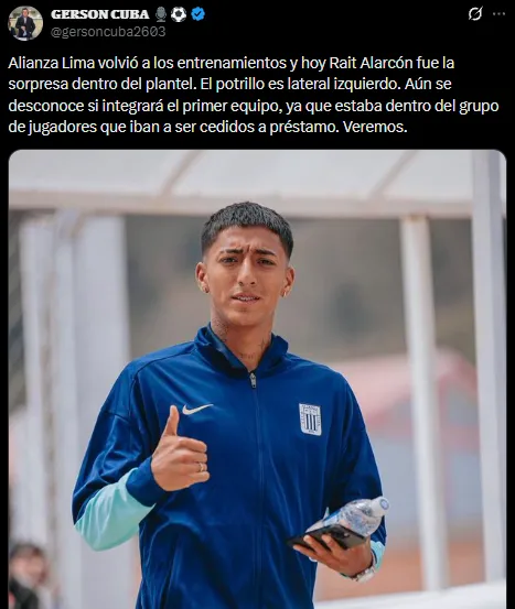 Rait Alarcón estuvo en las prácticas de Alianza Lima (X @gersoncuba2603).