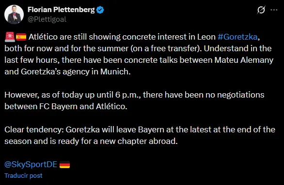 Leon Goretzka, con un pie afuera del Bayern (X @Plettigoal).