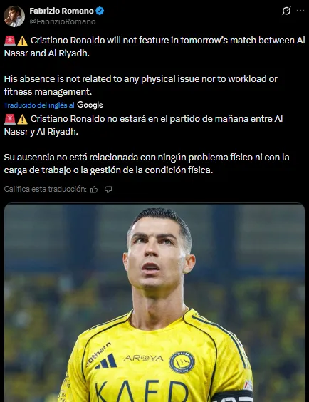 Fabrizio Romano adelantó que CR7 se plantó ante Al Nassr (X @FabrizioRomano).