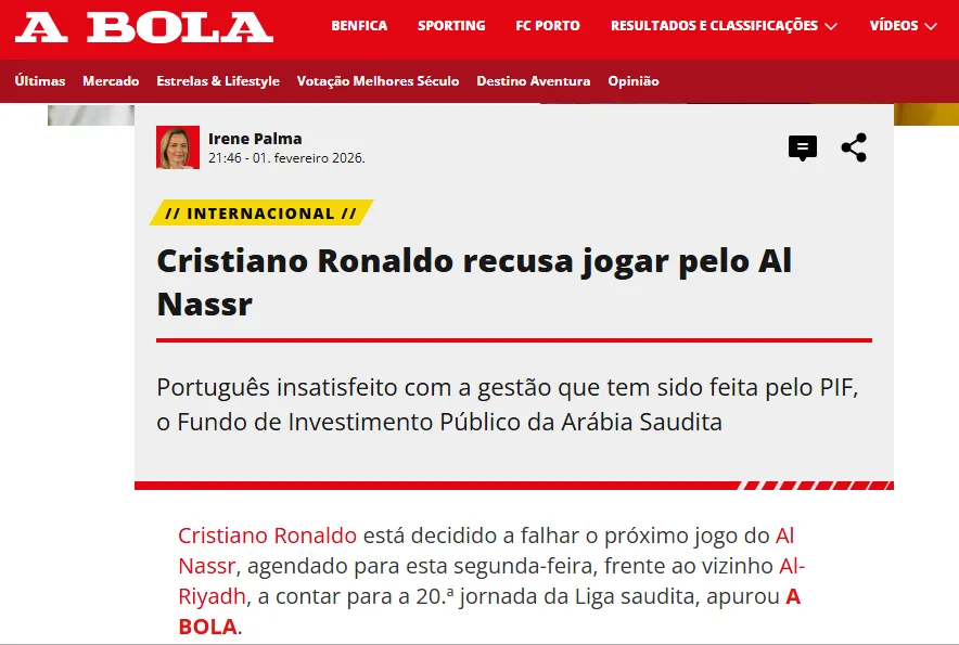 A Bola reveló el descontento de Cristiano Ronaldo con el PIF, dueño de Al Nassr (A Bola).