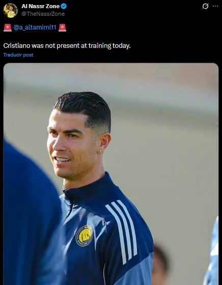 Cristiano Ronaldo no se presentó a la práctica de este martes en Al Nassr (X @TheNassrZone).