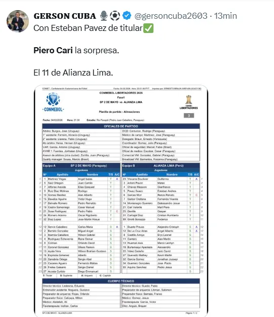 Alineación titular de Alianza vs. 2 de Mayo. (Foto: X)